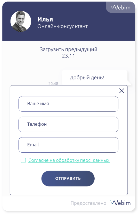 форма запроса контактных данных в онлайн чате